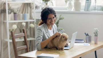 A smiling person wearing glasses sits comfortably with their rabbit nearby, ordering hay for their rabbit.