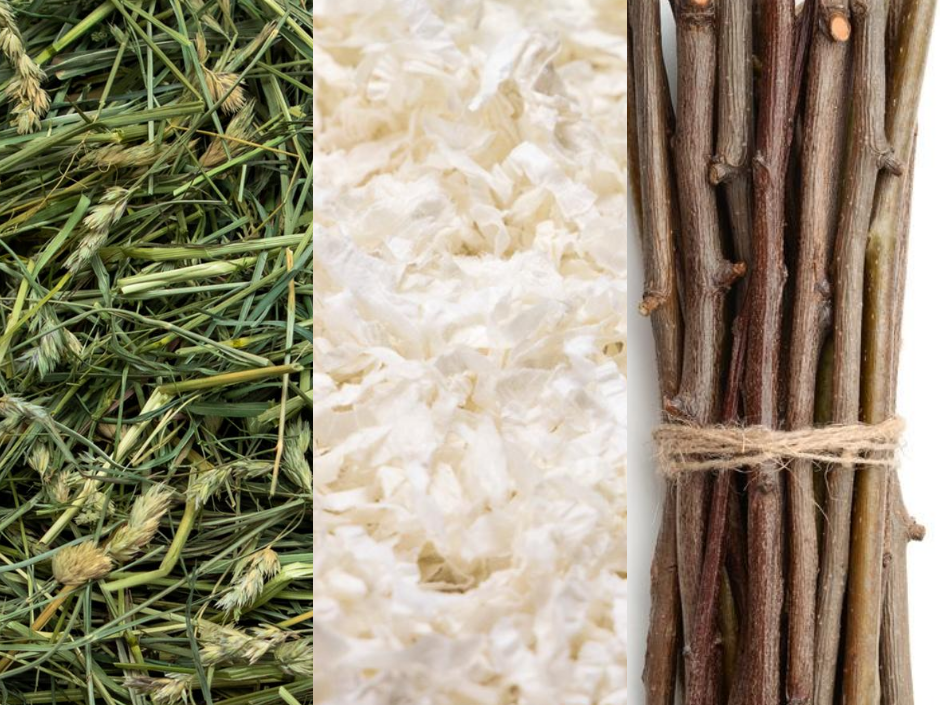 a close up of hay, bedding and chew sticks